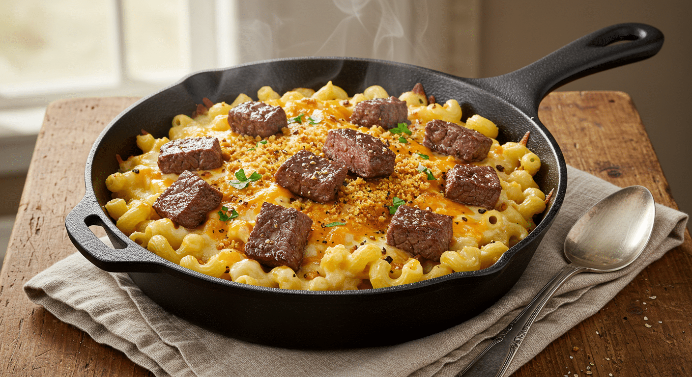 Cheesy Steak Bites Mac & Cheese Feast