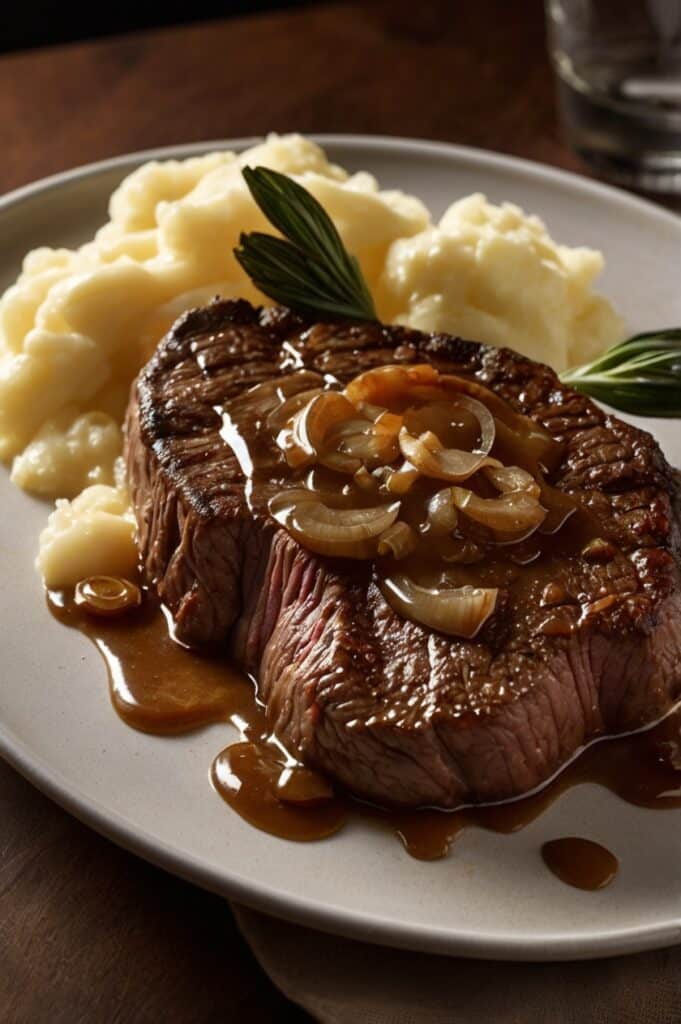 A close-up shot of a fork lifting a juicy bite of smothered hamburger steak with onion gravy and mashed potatoes, showing a tender cross-section of the meat and steam rising from the plate in warm, intimate lighting.