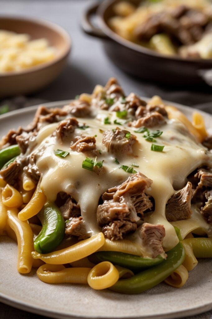 Crockpot Philly Cheesesteak Pasta Casserole