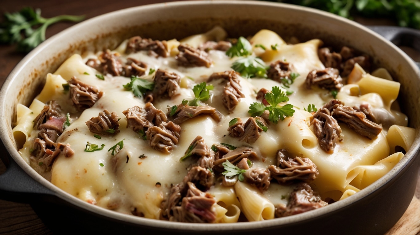 Crockpot Philly Cheesesteak Pasta Casserole