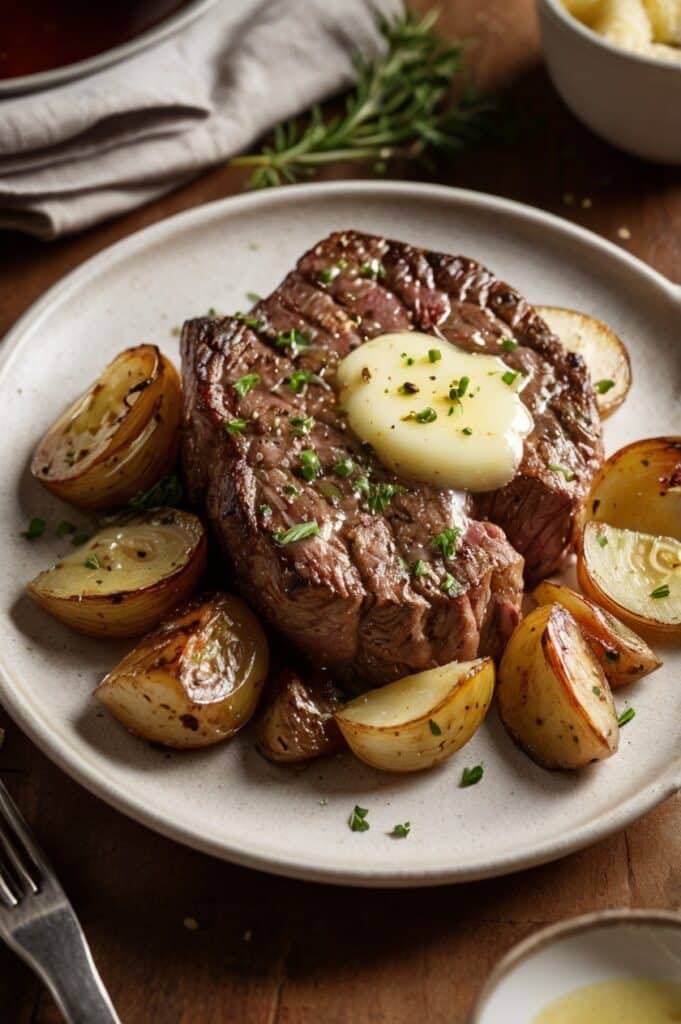 Air Fryer Garlic Butter Steak Bites and Potatoes