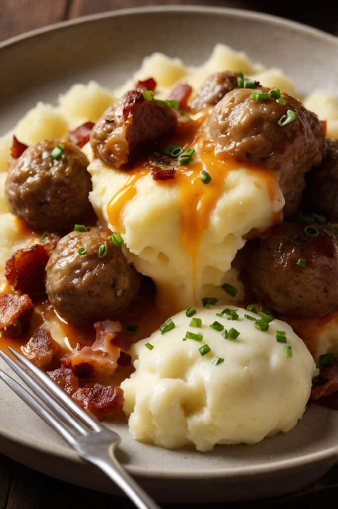 Loaded Mashed Potato and Meatball Casserole