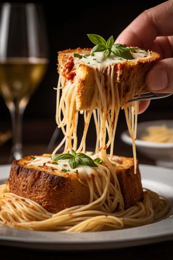 Cheesy Spaghetti-Stuffed Garlic Bread