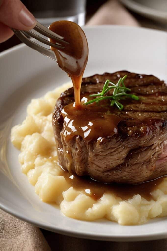 A close-up shot of a fork lifting a juicy bite of smothered hamburger steak with onion gravy and mashed potatoes, showing a tender cross-section of the meat and steam rising from the plate in warm, intimate lighting.