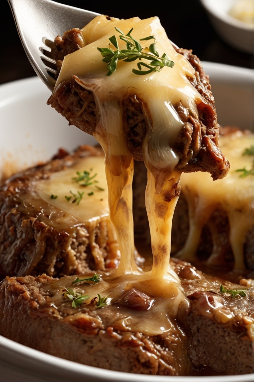 Crockpot French Onion Meatloaf with Melted Swiss Cheese