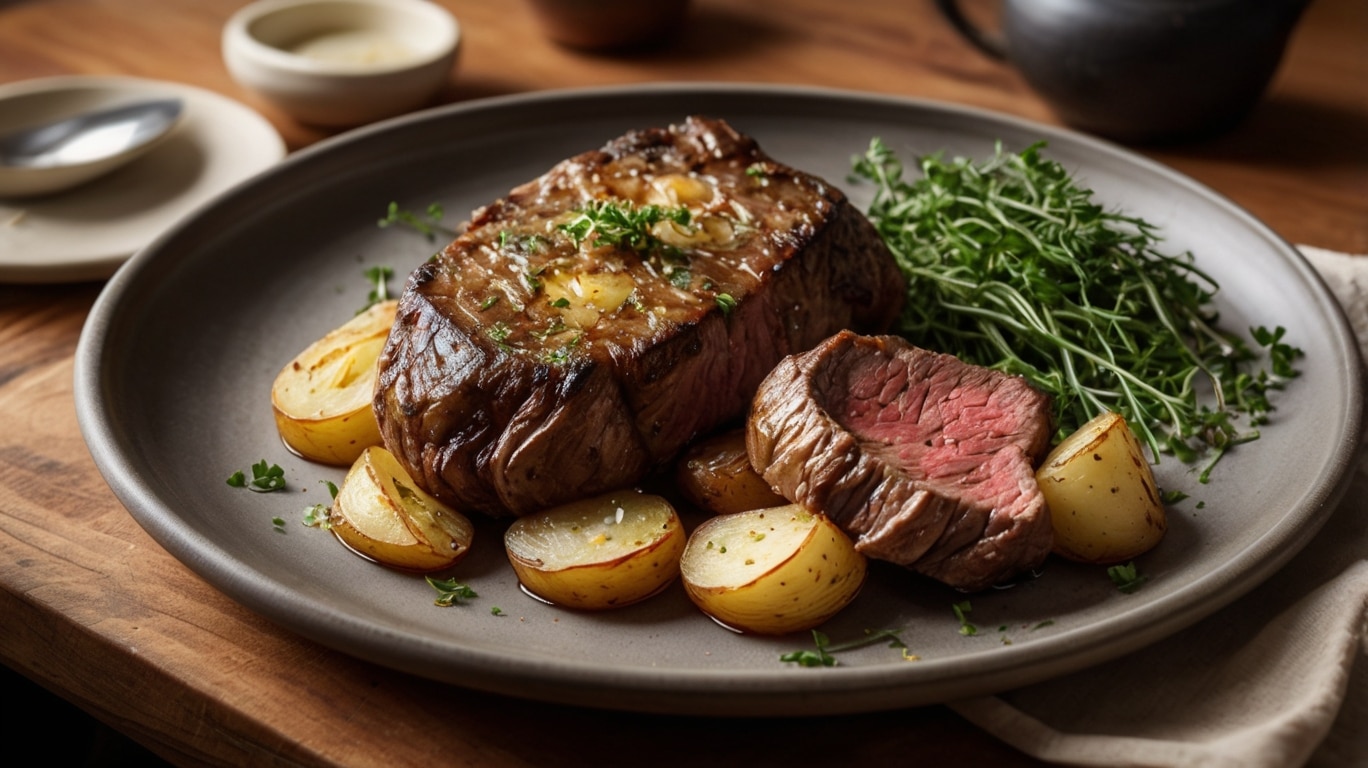 Garlic Butter Steak Bites and Smashed Potatoes