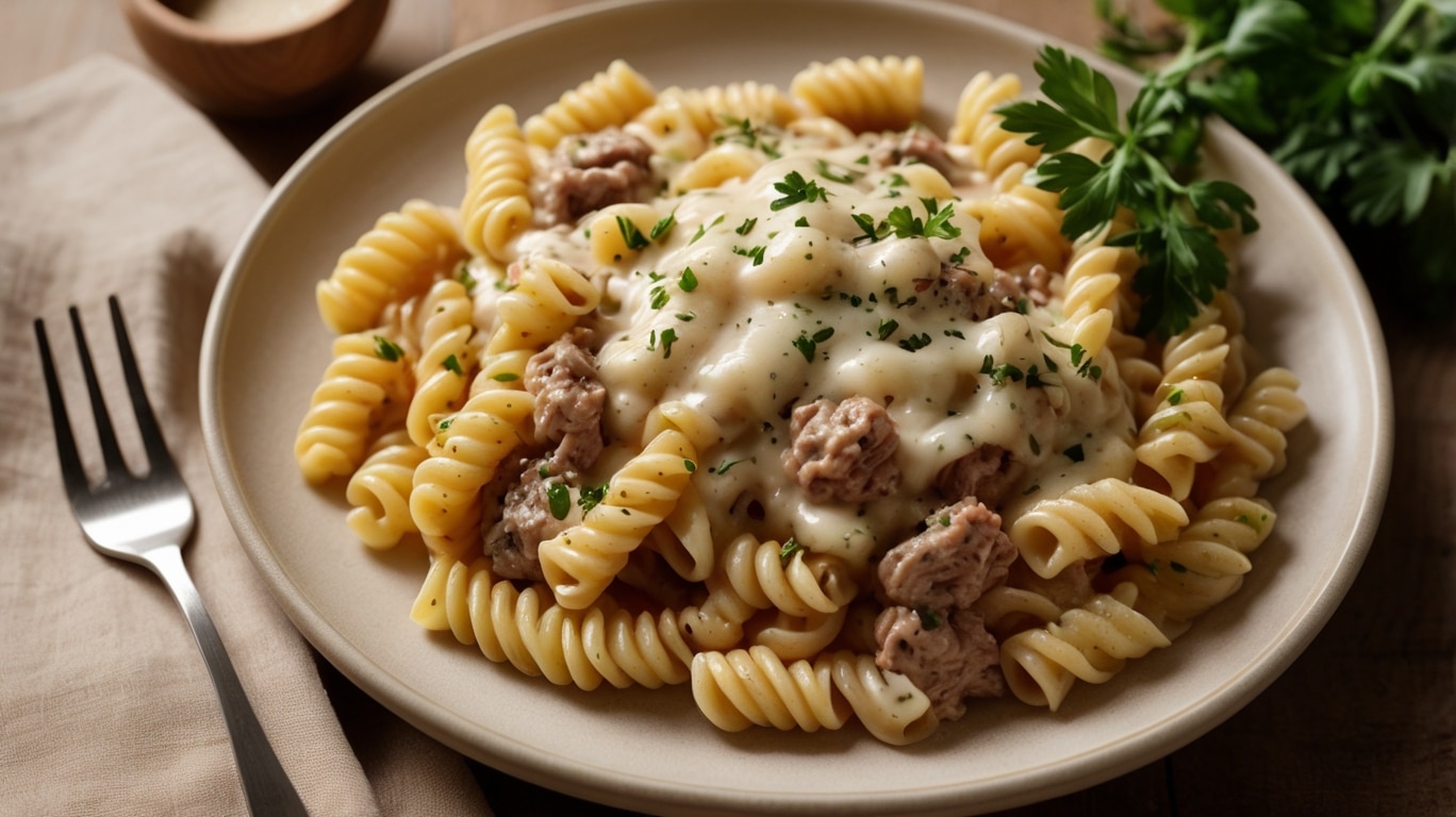 Beef & Rotini in Creamy Garlic Parmesan Sauce