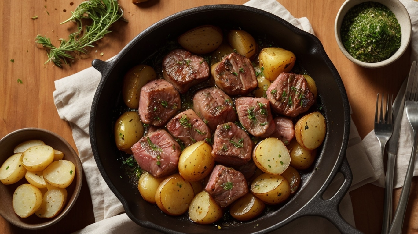 Air Fryer Garlic Butter Steak Bites and Potatoes