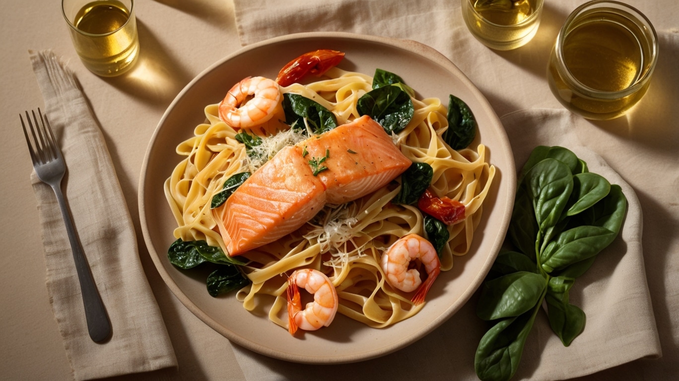 Creamy Tuscan Salmon & Shrimp Pasta Recipe