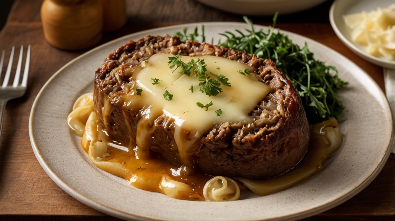 Crockpot French Onion Meatloaf with Melted Swiss Cheese