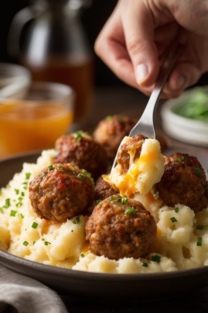 Loaded Mashed Potato and Meatball Casserole