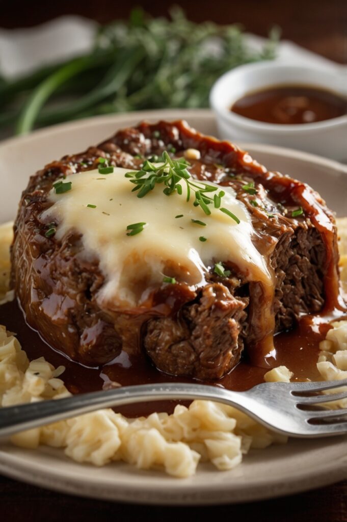 Crockpot French Onion Meatloaf with Melted Swiss Cheese