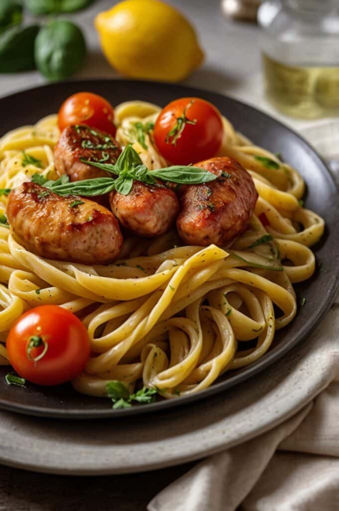Chicken Sausages with Zucchini, Tomatoes, and Pasta