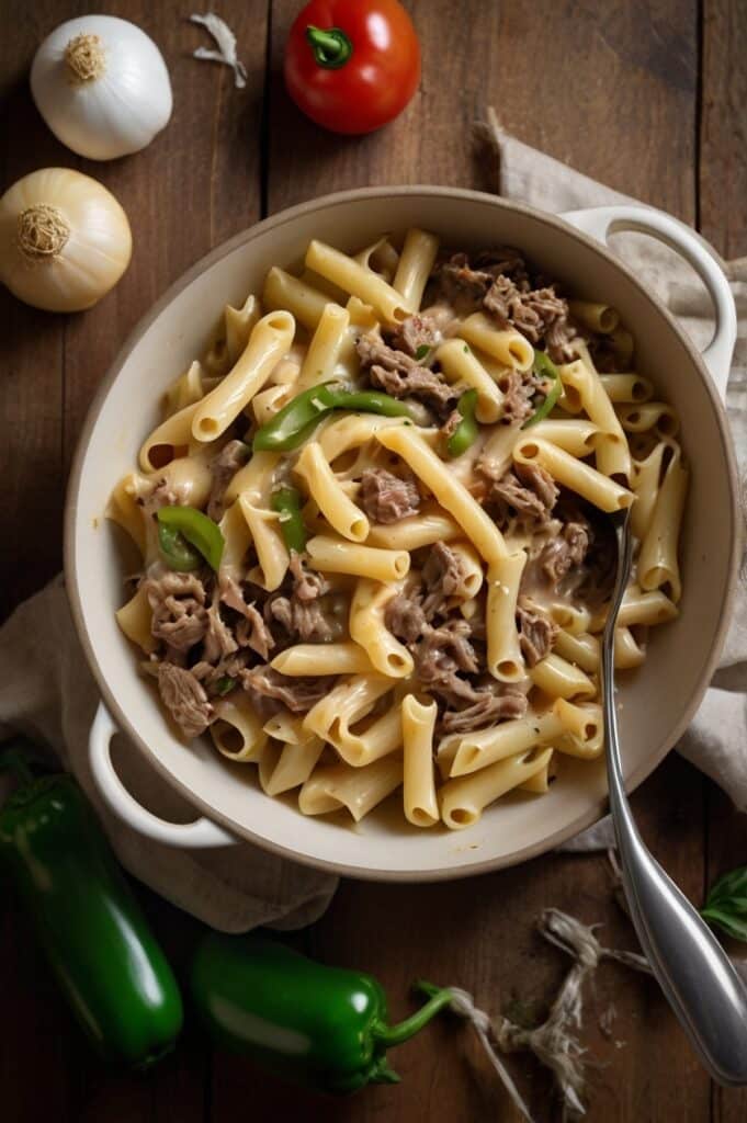 Crockpot Philly Cheesesteak Pasta Casserole