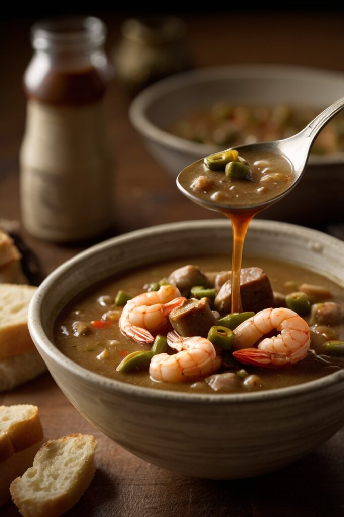 Diagonal side shot of a partially eaten bowl of New Orleans gumbo with a spoon resting inside and a crusty piece of French bread on the rim.