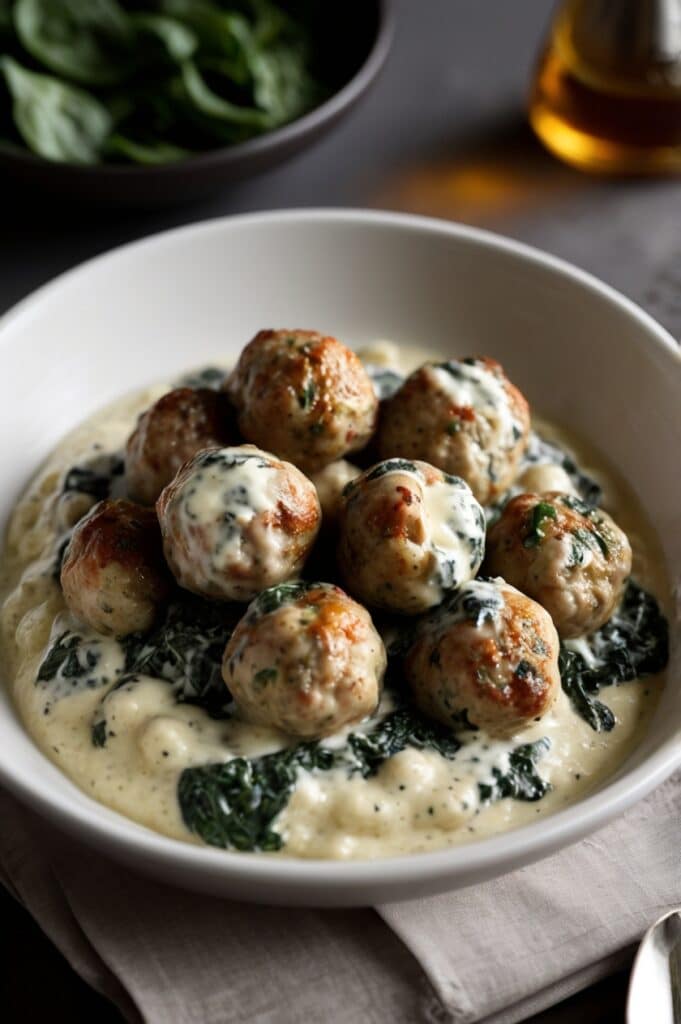 Creamy Chicken Ricotta Meatballs with Spinach Alfredo