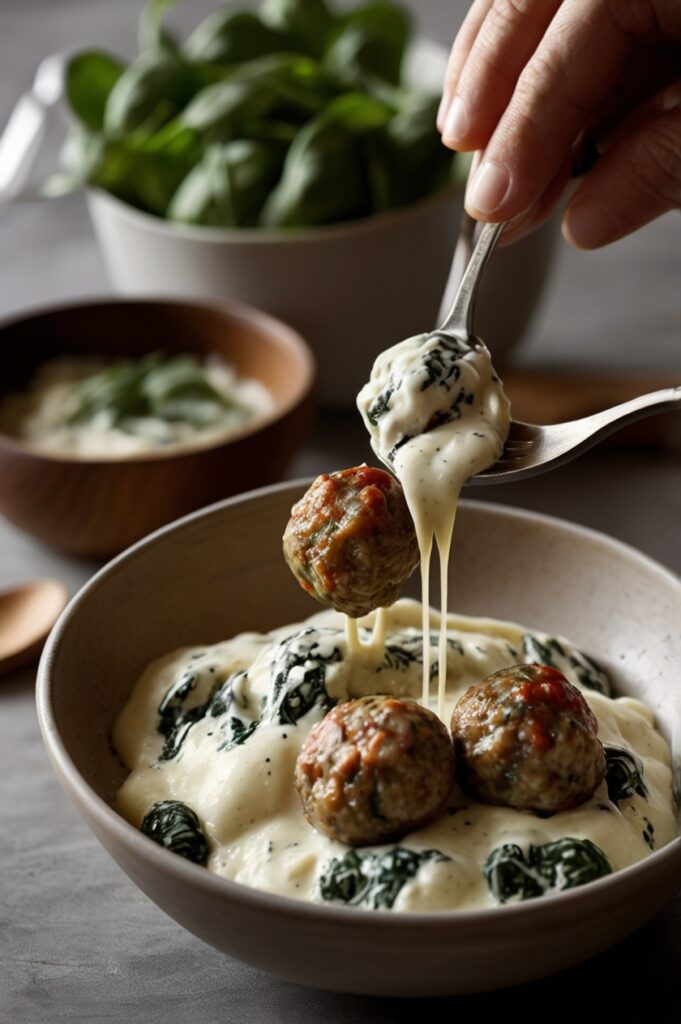 Creamy Chicken Ricotta Meatballs with Spinach Alfredo