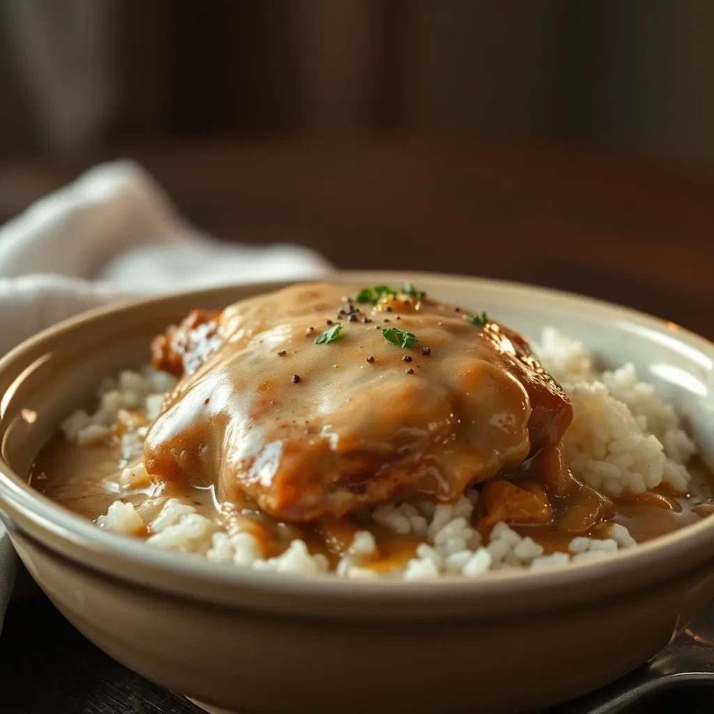 download (55) This comforting smothered chicken and rice recipe delivers rich Southern flavor, tender meat, and oniony gravy. Try it now—it’s soul-soothing!