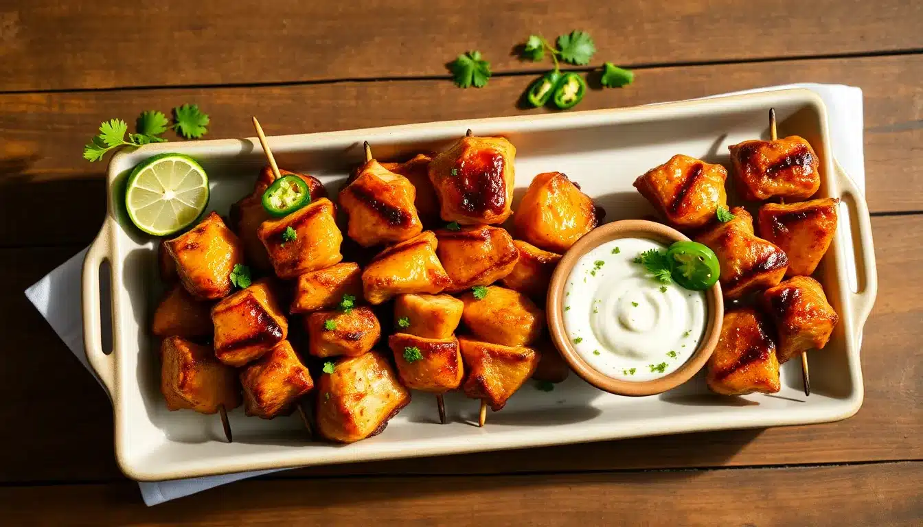 Spicy Honey Jalapeño Chicken Skewers with Cilantro Lime Dip
