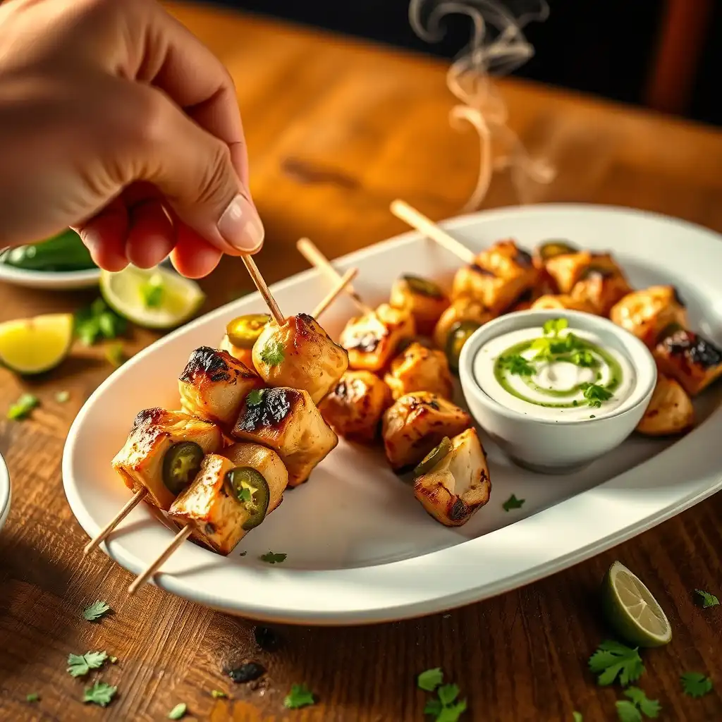 Spicy Honey Jalapeño Chicken Skewers with Cilantro Lime Dip