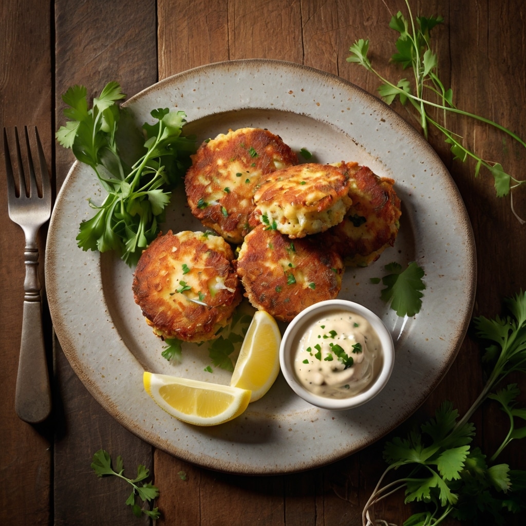An overhead flat-lay hero shot of freshly made Cheddar Bay Crab Cakes, golden brown and crispy on the outside, arranged neatly on a rustic ceramic platter. The crab cakes are garnished with finely chopped parsley and a sprinkle of Old Bay seasoning for color. A small ramekin of creamy lemon-garlic aioli dipping sauce sits beside them, with a lemon wedge on the side for brightness. The platter is set on a weathered wooden table, creating a cozy coastal feel. The lighting is natural daylight with soft shadows, highlighting the crispy textures and warm cheddar tones of the crab cakes. The composition is styled for food photography, clean and appetizing, making the dish appear inviting and freshly served.