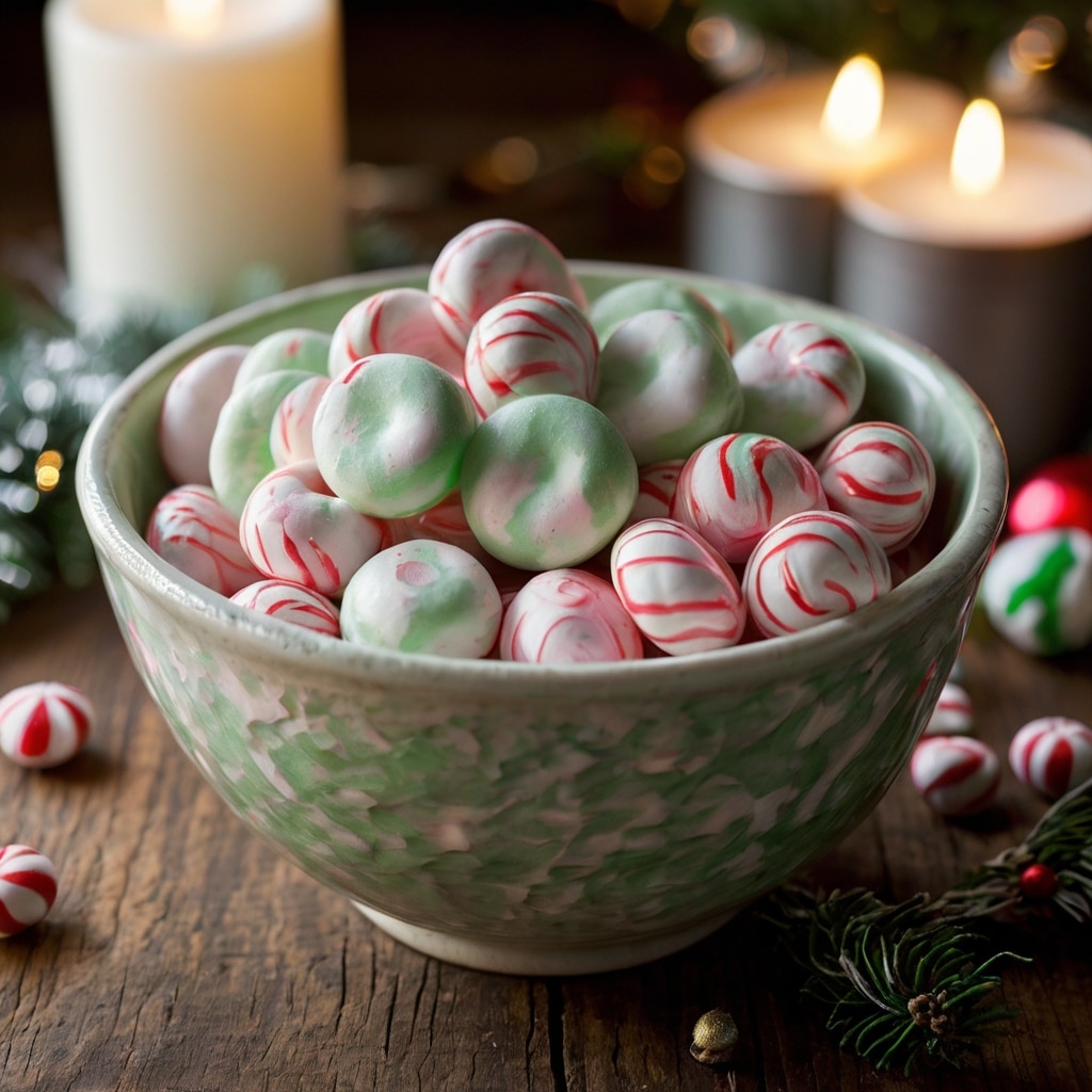 Overhead view of a white ceramic bowl filled with Soft Christmas Peppermints, each piece round and slightly rustic in shape, with swirls of pale pink, white, and light green to give a festive holiday feel. The mints look soft, slightly matte with a gentle powdered sugar dusting, showing their melt-in-your-mouth texture. A few pieces are scattered on the rustic wooden tabletop around the bowl, alongside a red-and-green plaid napkin and softly blurred twinkling Christmas lights in the background. The lighting is soft and warm, creating a cozy, nostalgic holiday mood. The focus is sharp on the mints, while the background remains softly out of focus to keep attention on the candy. The overall style feels bright, cheerful, and inviting, with a festive seasonal atmosphere.