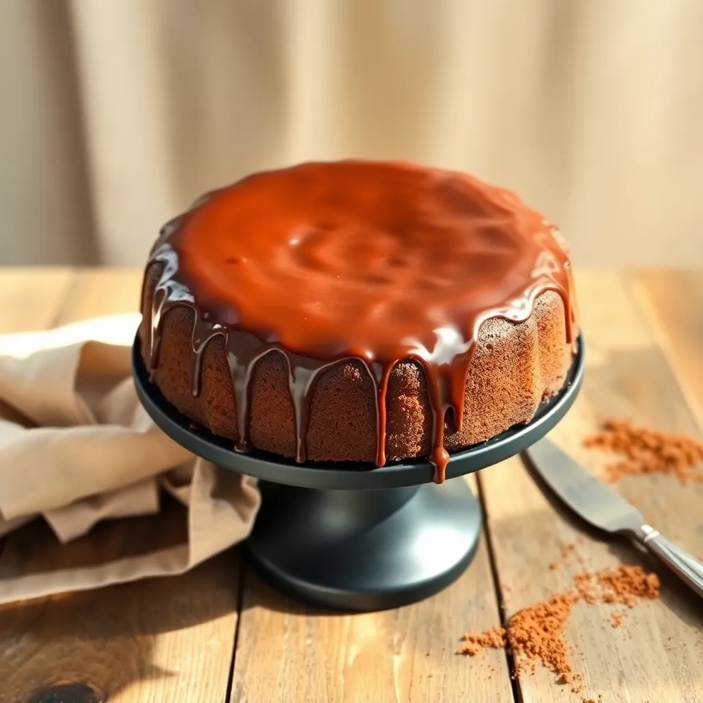 Action shot of a spoon lifting a bite from a slice of chocolate pound cake, showing glossy glaze and crumbs.
