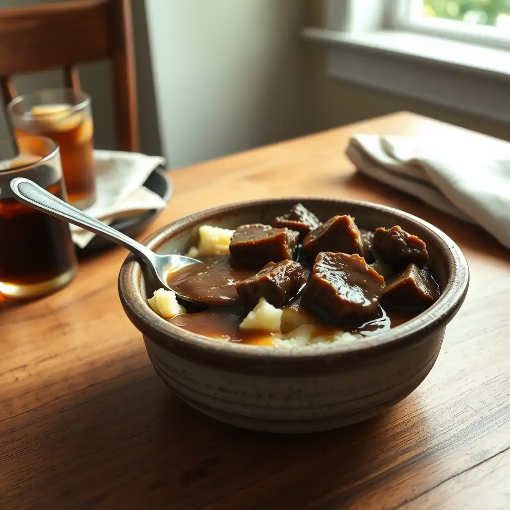 Intimate dining moment showing a partially eaten bowl of beef and mashed potatoes, a spoon to the side, on a wood table bathed in natural light.

