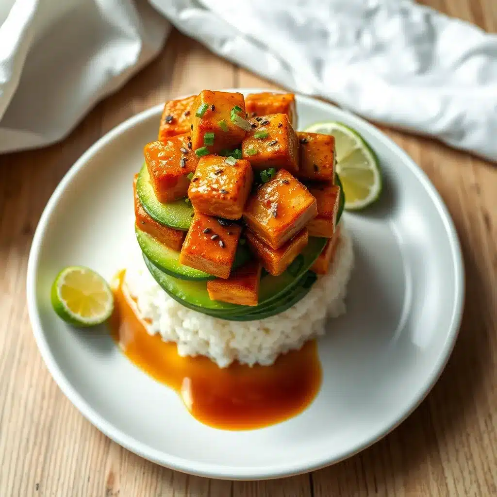 Crispy Teriyaki Tofu and Avocado Rice Stack