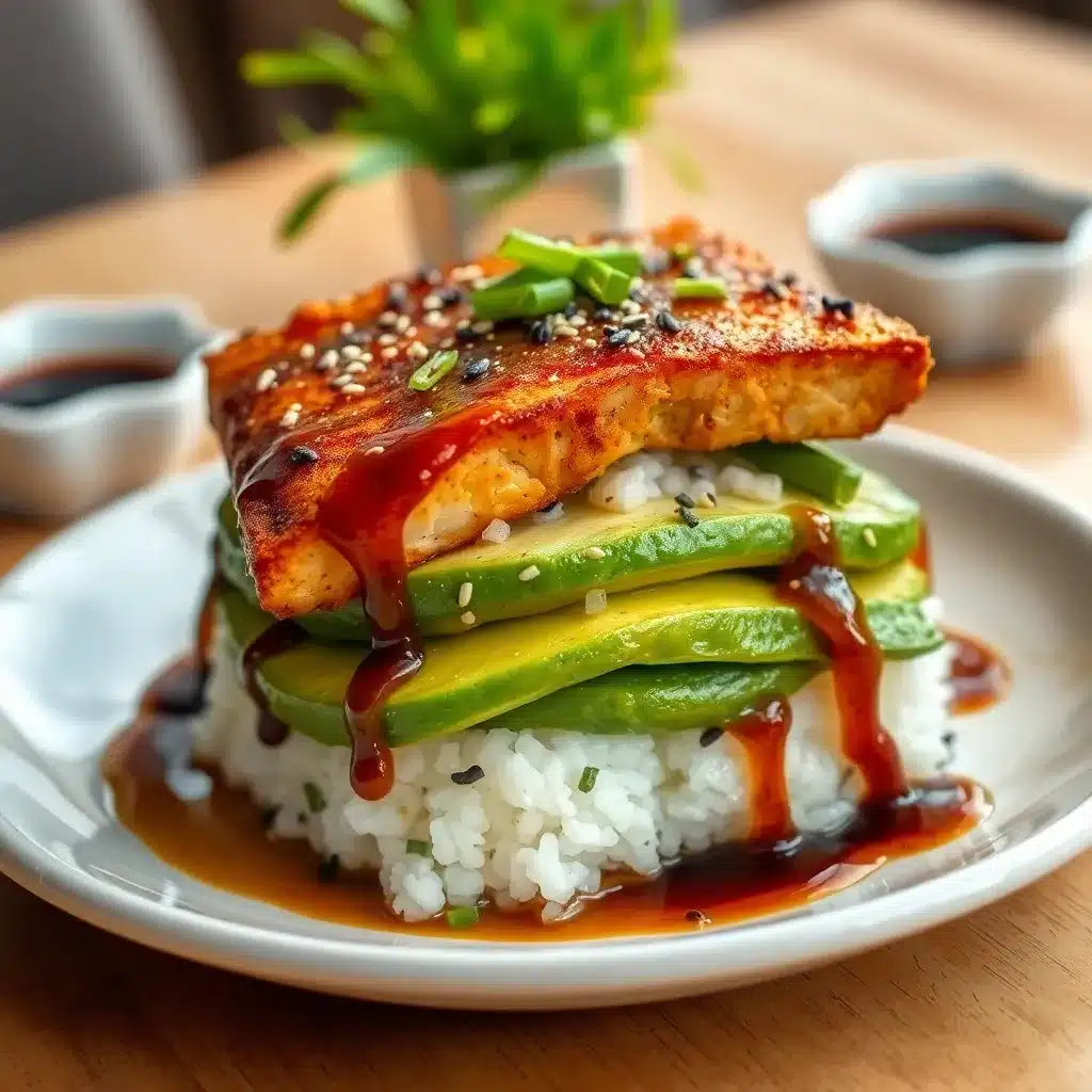 Overhead shot of Crispy Teriyaki Tofu and Avocado Rice Stack on a white plate, topped with sesame seeds, scallions, and lime wedge on a rustic wood table.