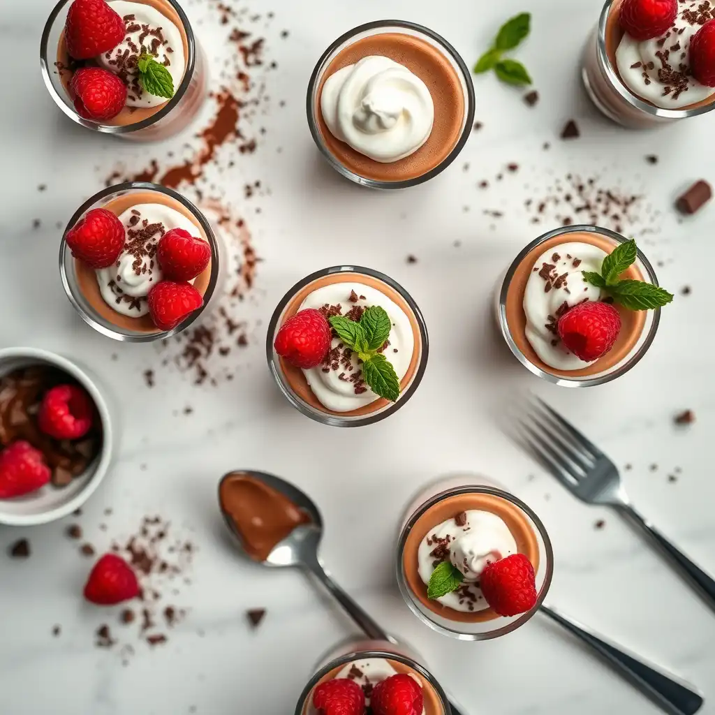 Flat lay arrangement of mini mousse desserts with whipped cream, berries, cocoa powder, and chocolate curls.