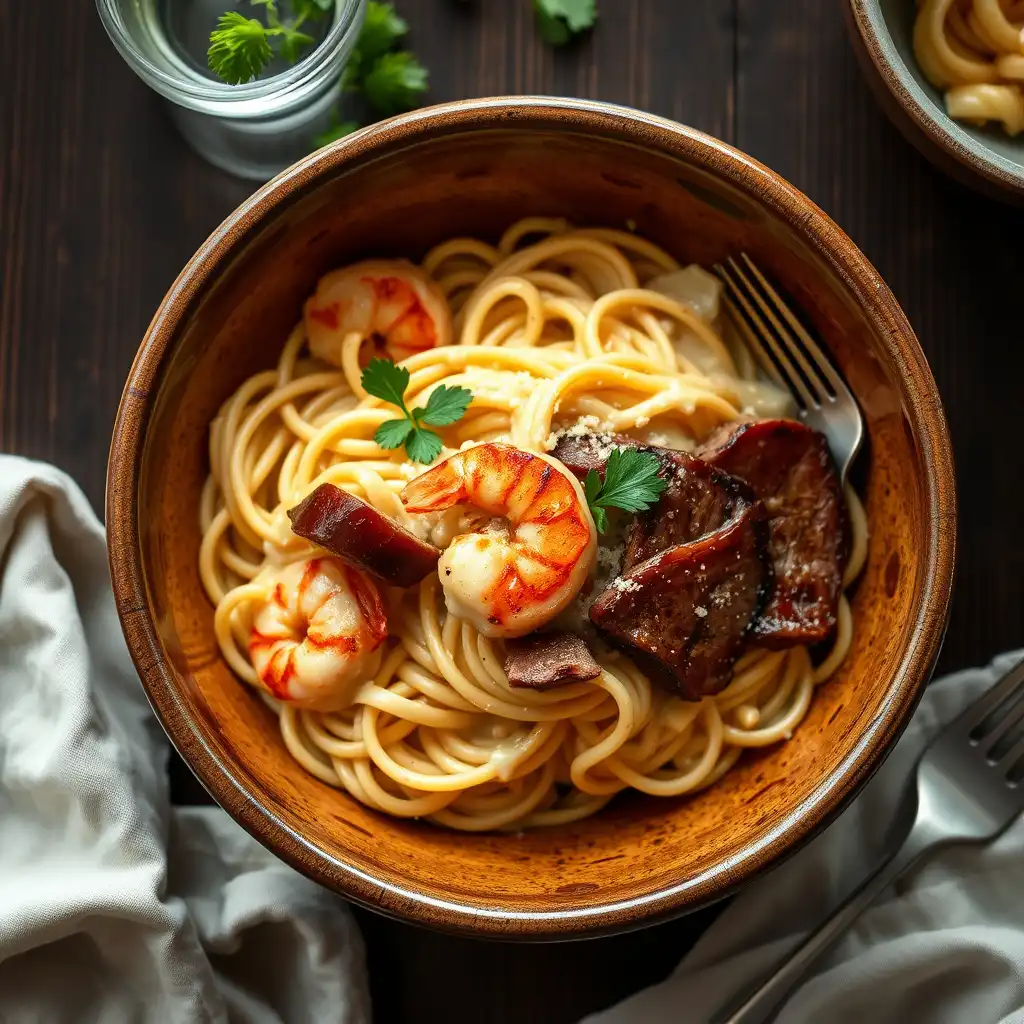 Cajun Shrimp and Steak Alfredo Pasta